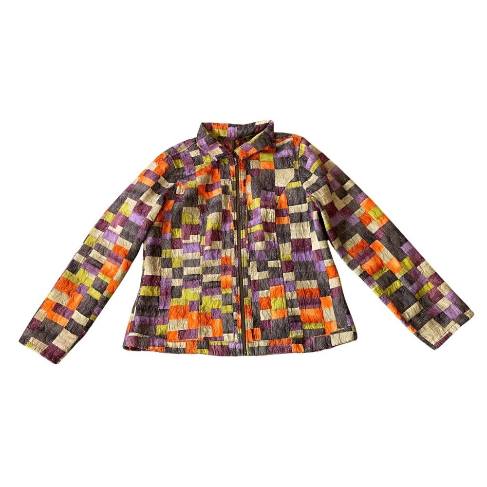 Colorful Reversible Quilted Jacket Abstract Patchwork Floral Full Zip Medium